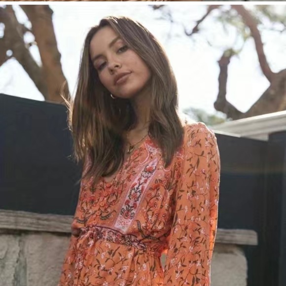 Boho Floral Print, Pleated V -Neck Lantern Sleeve Slim Waist Dress in Tangerine - Picture 3 of 11